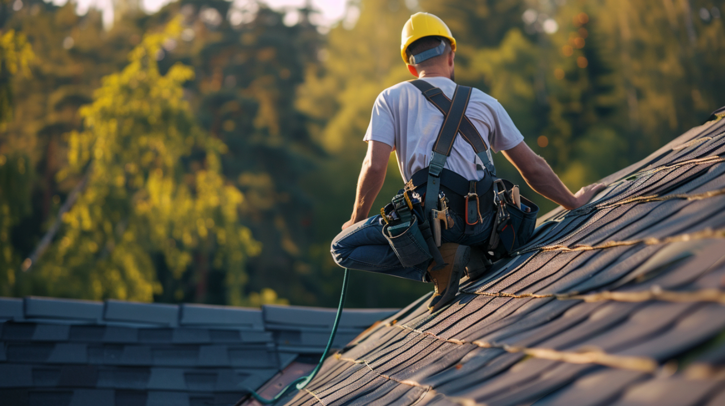 A roofer wearing safety harness while working on a residential roof.
