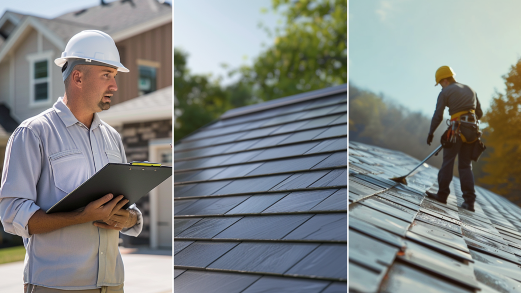 A slate roof installed in a housing. Roofing contractor sweeping the slate roof. Two roofing contractor talking outside the house.