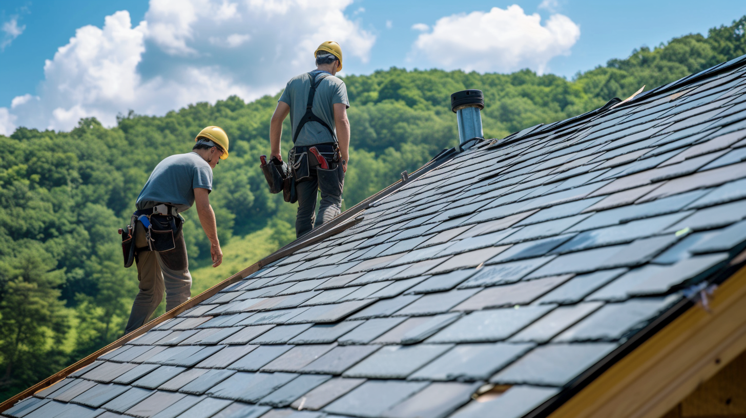 Two roofers are doing a residential slate roof installation. The slate roof is clean and properly installed. The roofer is wearing the appropriate and complete safety gear.