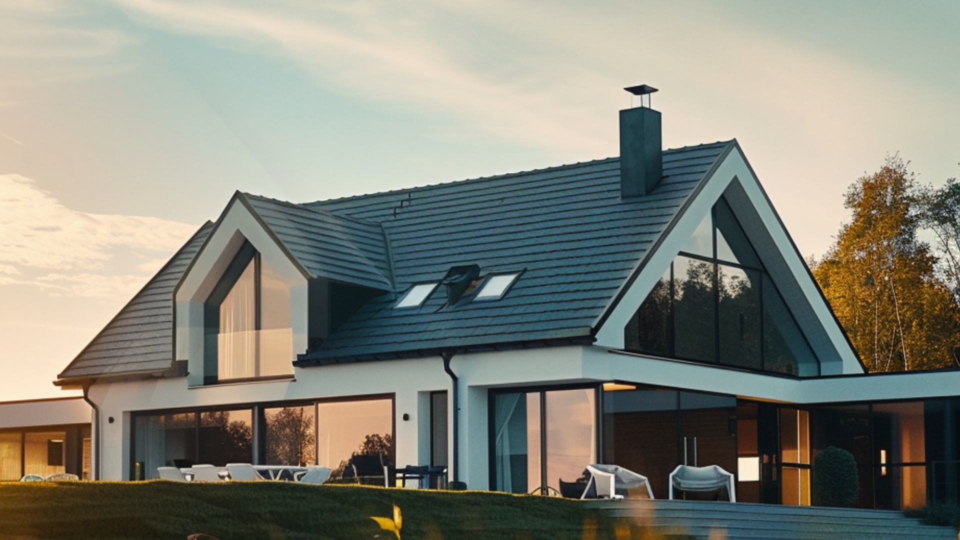 Create an image of a sleek residential image featuring seamlessly integrated slate roofs, blending harmoniously with the modern roof structure for an aesthetically pleasing look.