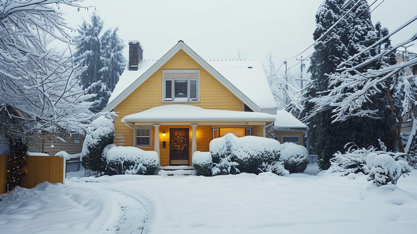 A residential house that is covered with heavy snows.
