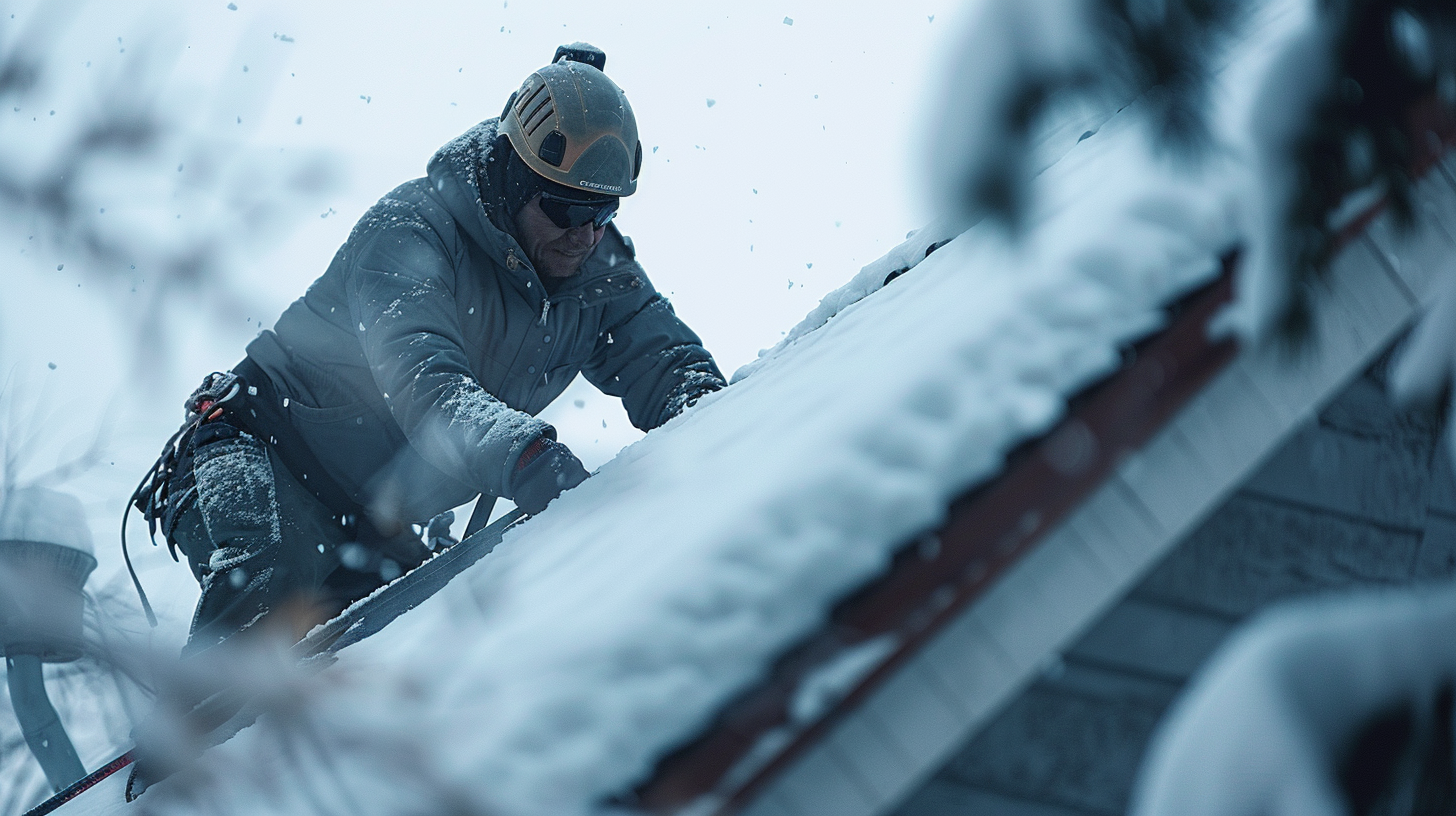 A roofing contractor cleaning snow on the roof.