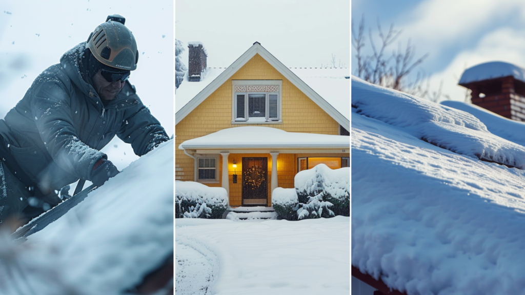 A roofing contractor cleaning snow on the roof.