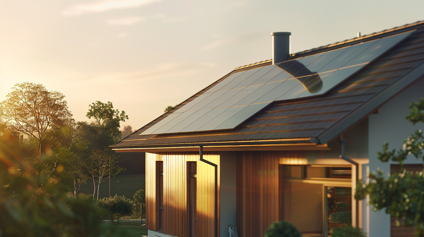 Create an image showcasing a modern residential home with solar tiles seamlessly integrated into the roof. The solar tiles should blend with the roof structure, highlighting their sleek and aesthetically pleasing design. The home should be bathed in sunlight, symbolizing the harnessing of solar energy. Include a solar installer on the roof, ensuring the proper placement of the tiles.