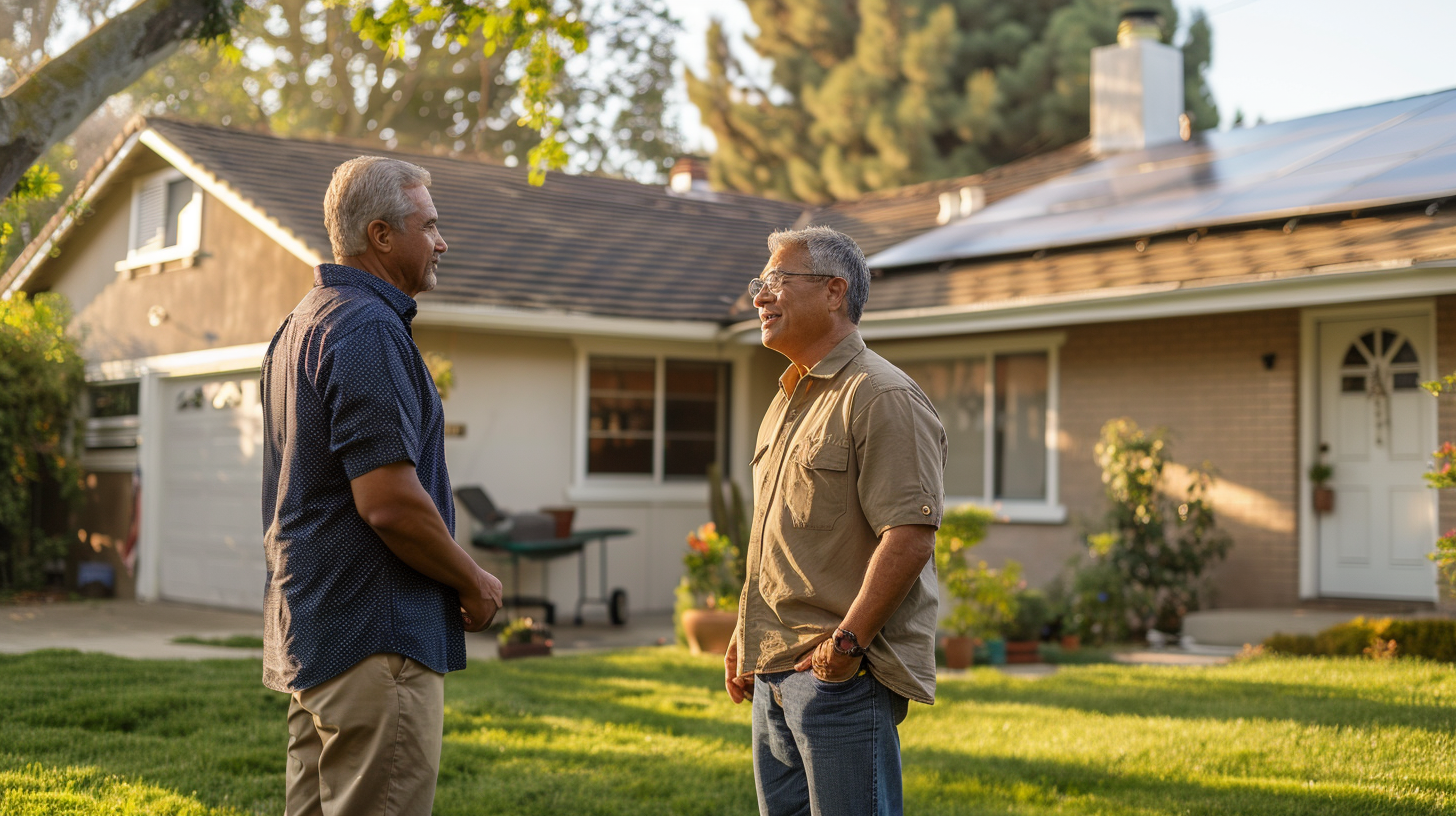 A reliable roofing contractor is talking to the homeowner standing on the lawn in front of the house that has solar tiles on the roof. The atmosphere includes collaboration and consultation, highlighting the home improvement process and a friendly yet focused exchange between the two characters.