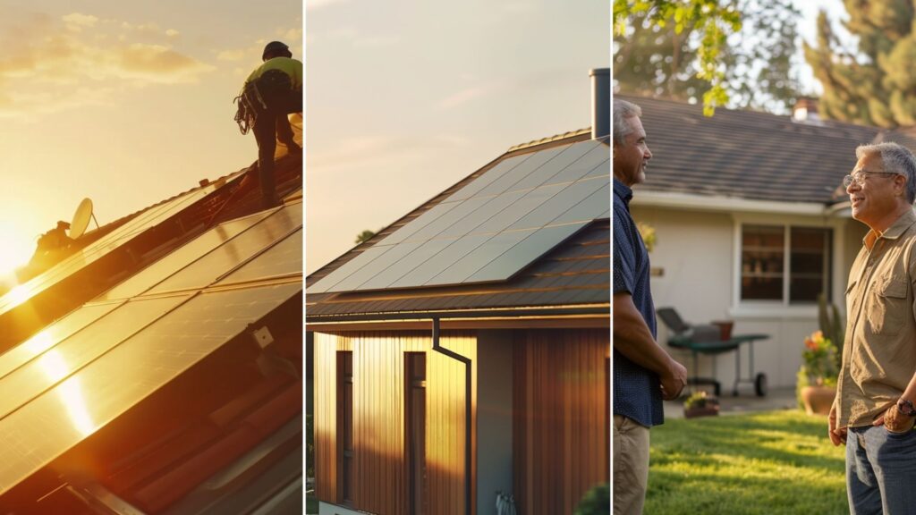 Create an image showcasing a modern residential home with solar tiles seamlessly integrated into the roof. The solar tiles should blend with the roof structure, highlighting their sleek and aesthetically pleasing design. The home should be bathed in sunlight, symbolizing the harnessing of solar energy. Include a solar installer on the roof, ensuring the proper placement of the tiles.