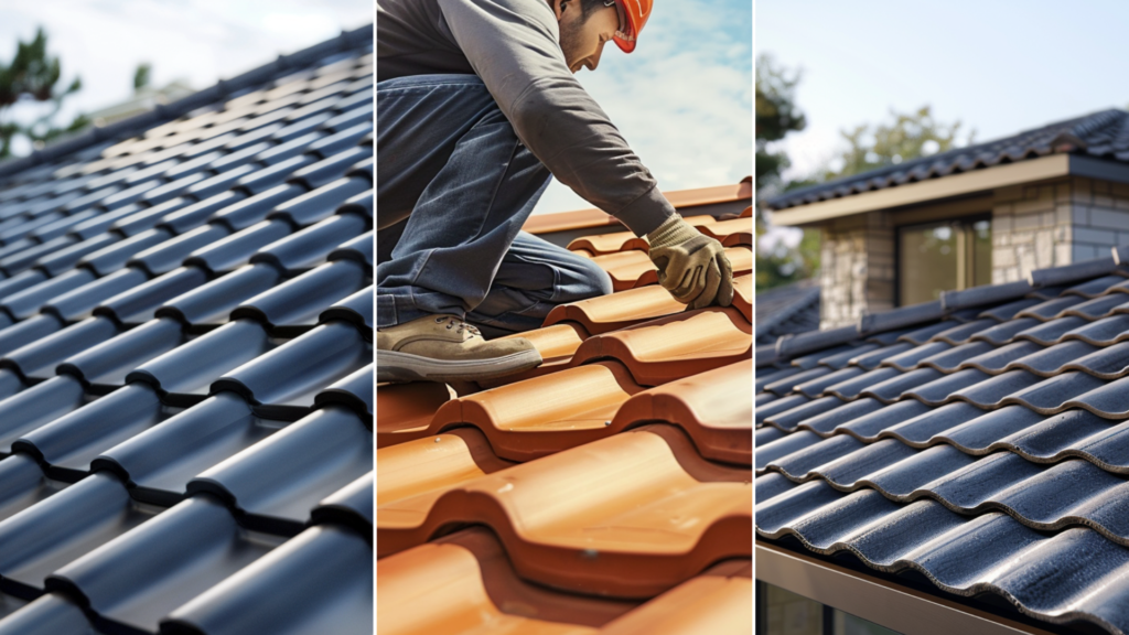 A house with a composite tile roof installed. A newly installed composite roof tile.