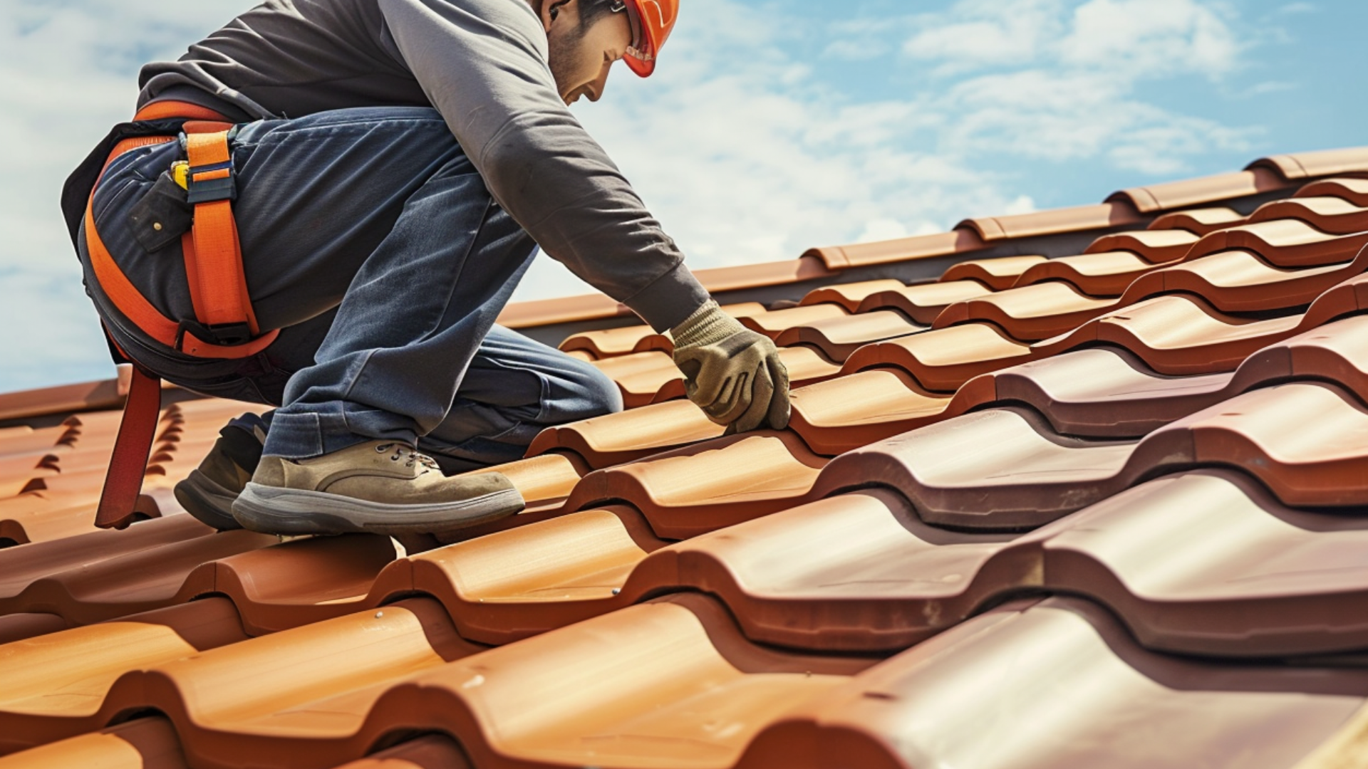 A roofing contractor installing clay tiles on a roof.