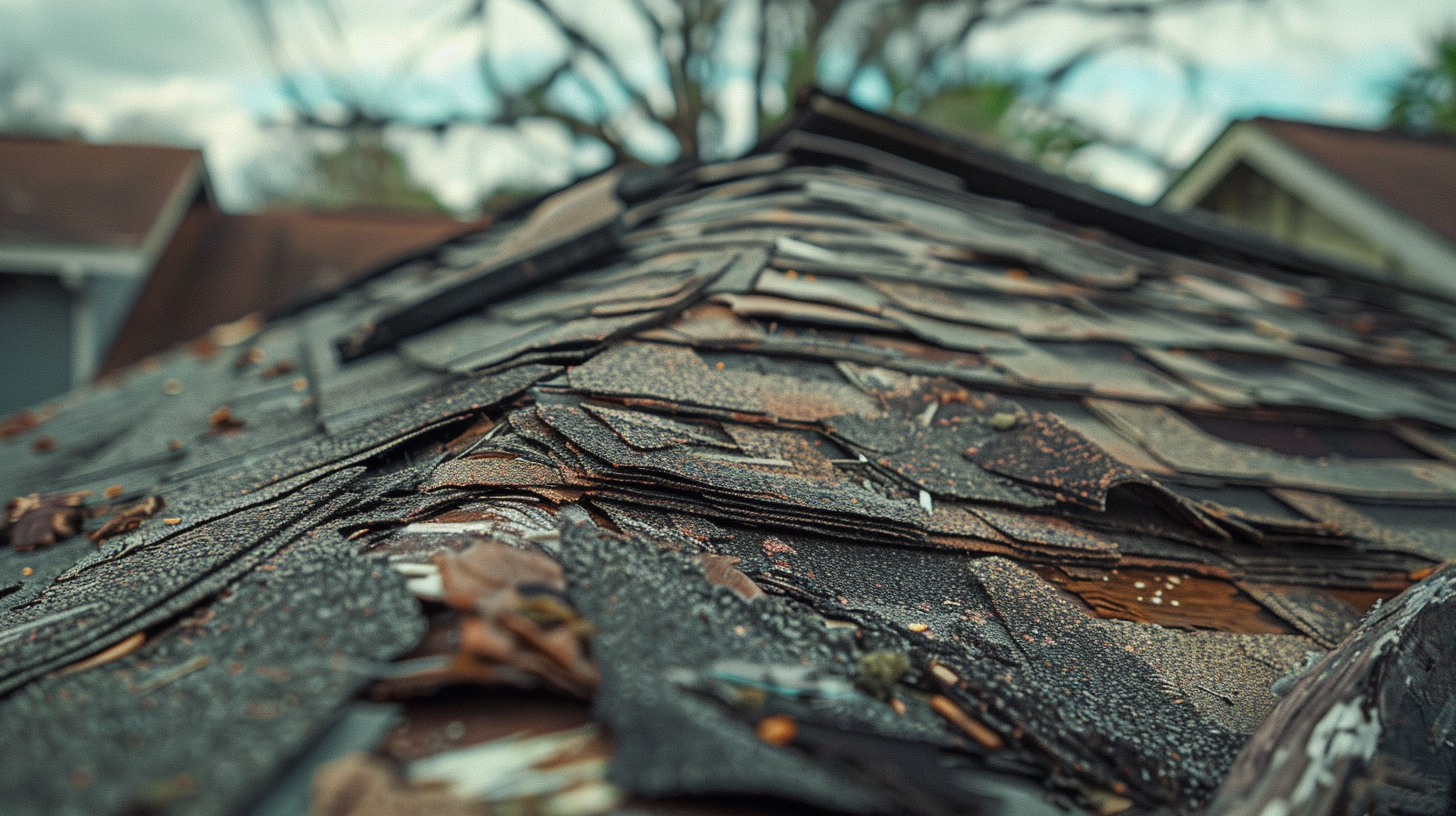 A damaged shingle on a roof.