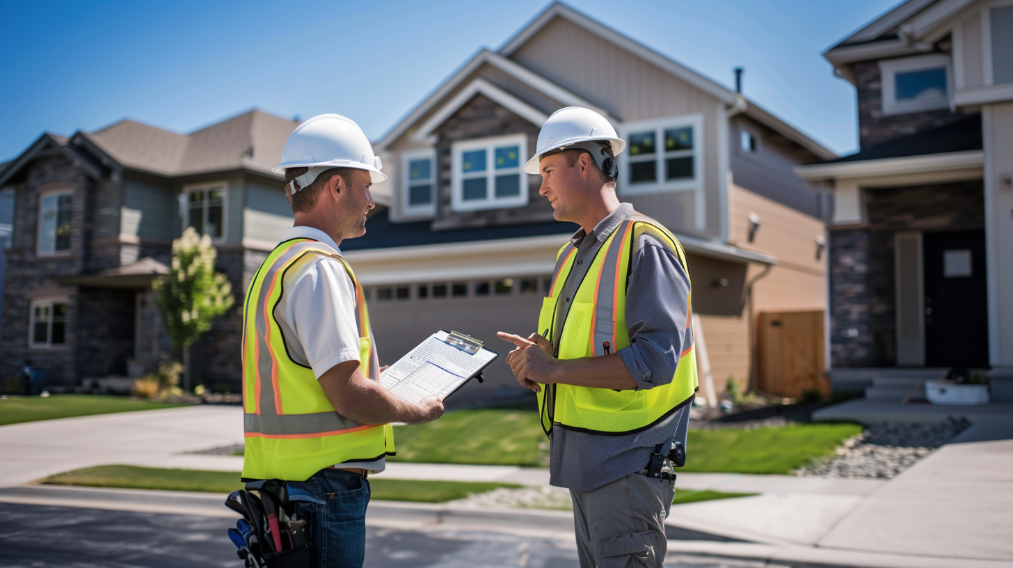 Two roofing contractors talking outside a residential home.