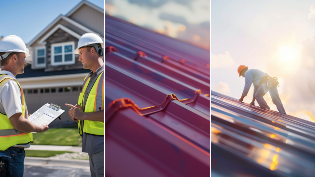 Two roofing contractors talking outside a residential home.