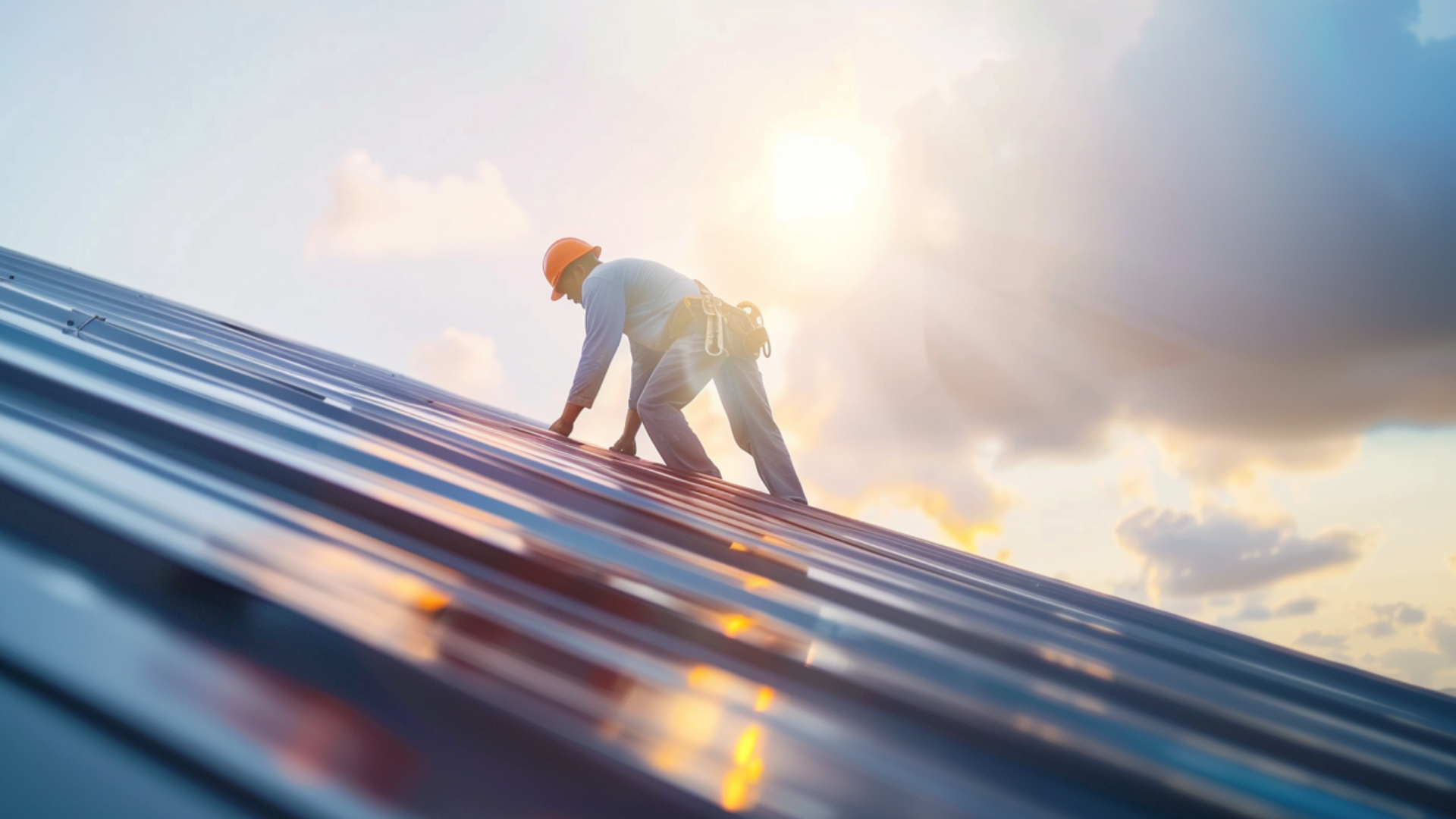 A roofing contractor fixing a metal roof.