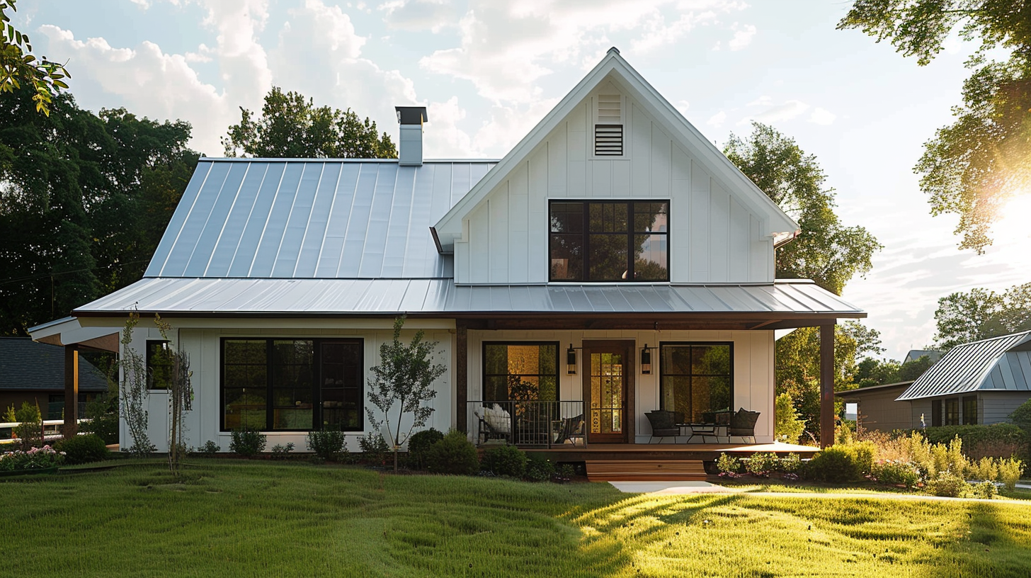 A residential house with metal roofing.