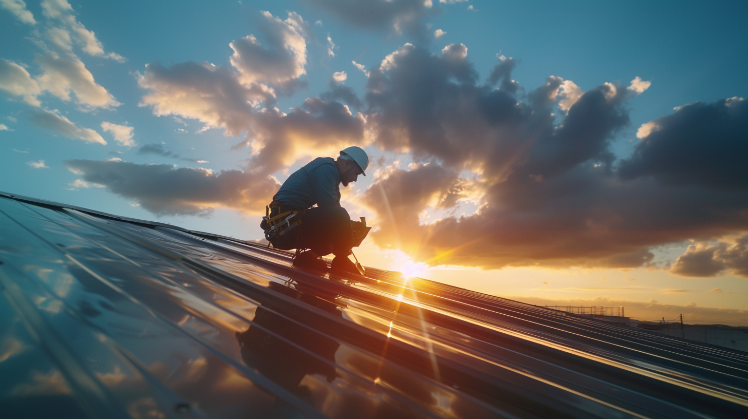 A roofing contractor fixing a metal roofing.