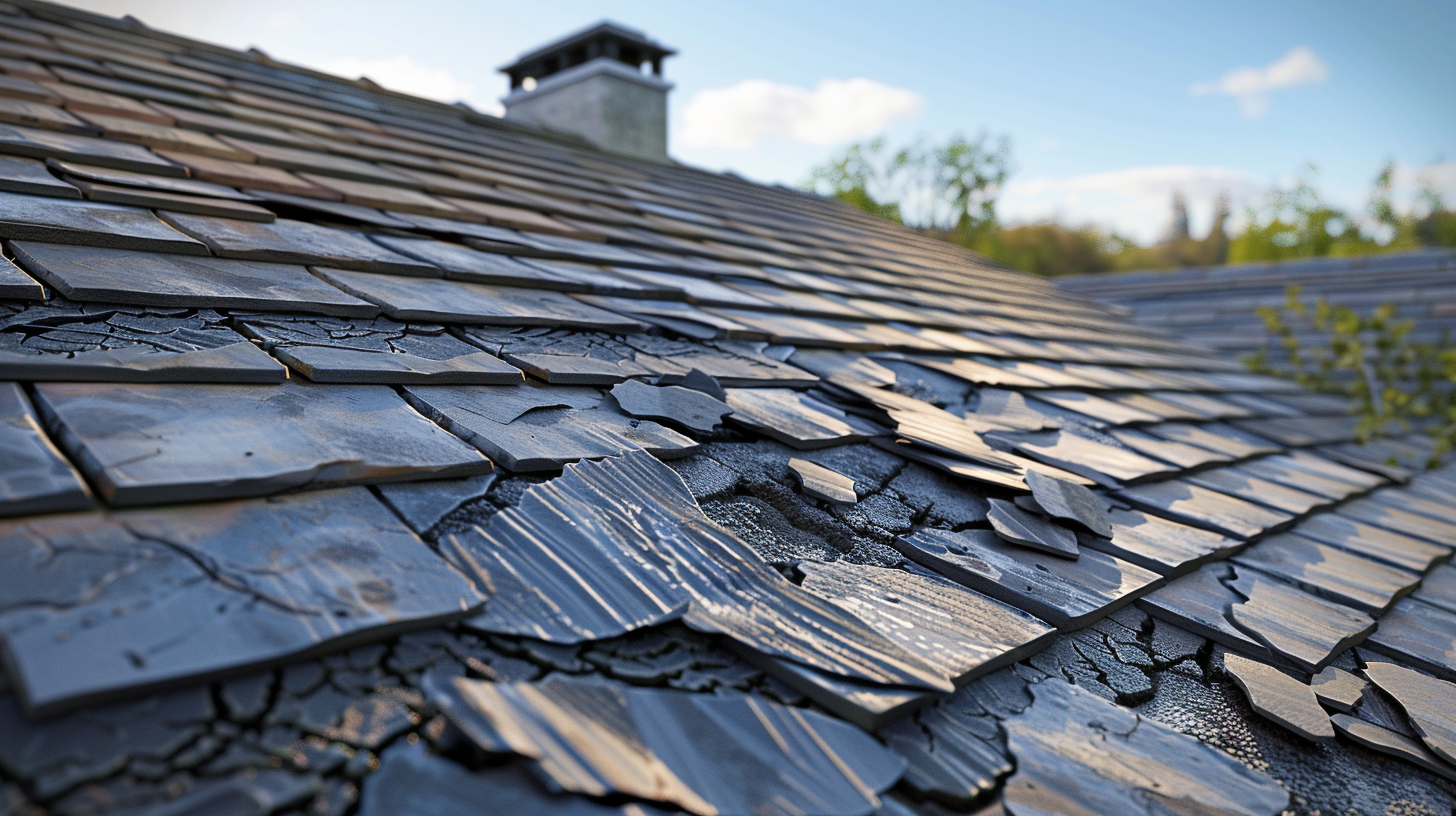 a residential roof that has been damaged by a recent storm.