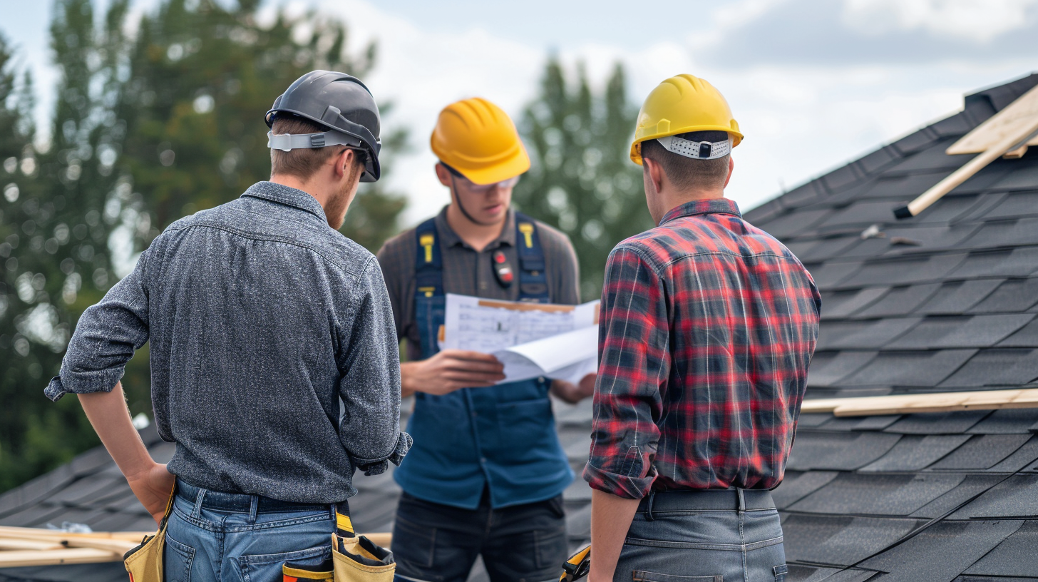 A group of 2 contractors and a client inspecting the newly installed asphalt shingle roof on top of the roofing project with their backs turned, they are wearing safety hat and drawing plan. they are talking to each other.