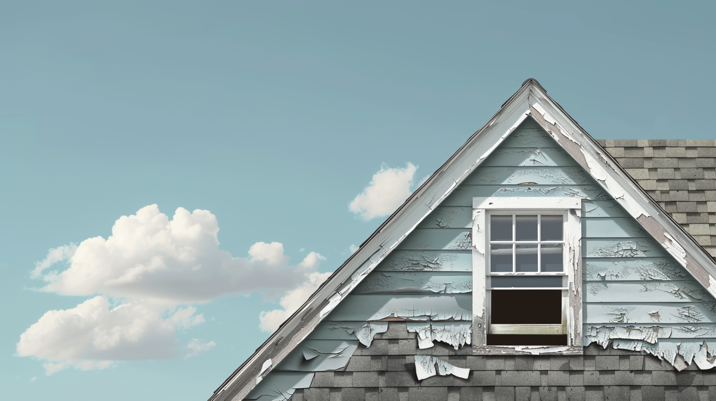 An illustration of a house with a visibly sagging roof. The roof shingles or tiles are shown with noticeable cracks and gaps, indicating shrinkage.