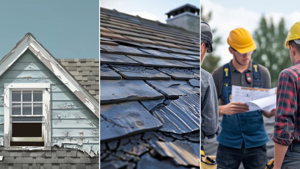 An illustration of a house with a visibly sagging roof. The roof shingles or tiles are shown with noticeable cracks and gaps, indicating shrinkage. a residential roof that has been damaged by a recent storm. A group of 2 contractors and a client inspecting the newly installed asphalt shingle roof on top of the roofing project with their backs turned, they are wearing safety hat and drawing plan. they are talking to each other.