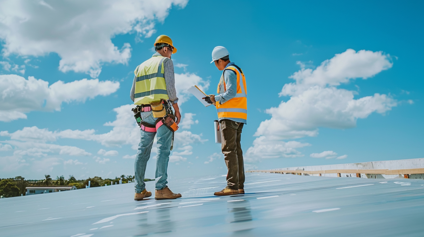 Two contractors conducting a roof inspection in a commercial building.