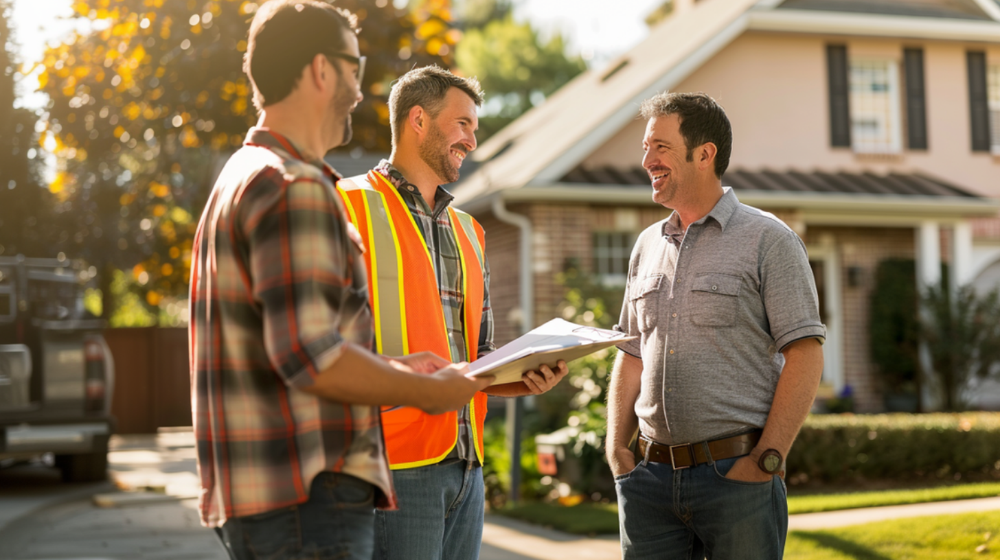 Two roof contractors engaged in a conversation with a client about the findings and recommendations for his roof.