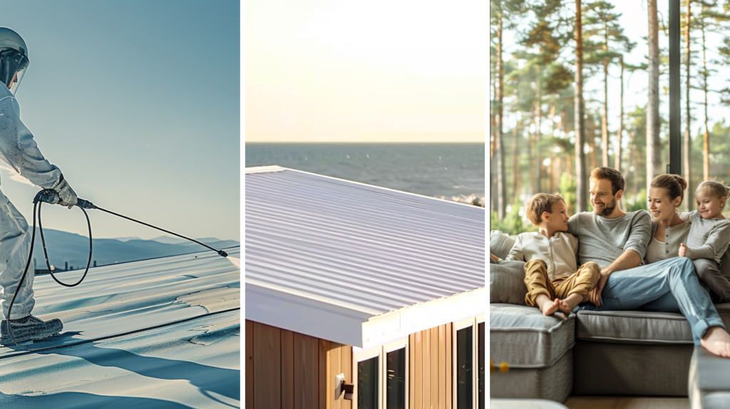 A roof contractor applying cool coatings to a commercial building's roof, a cool roof, and a family enjoying the indoor comfort caused by cool roofing.