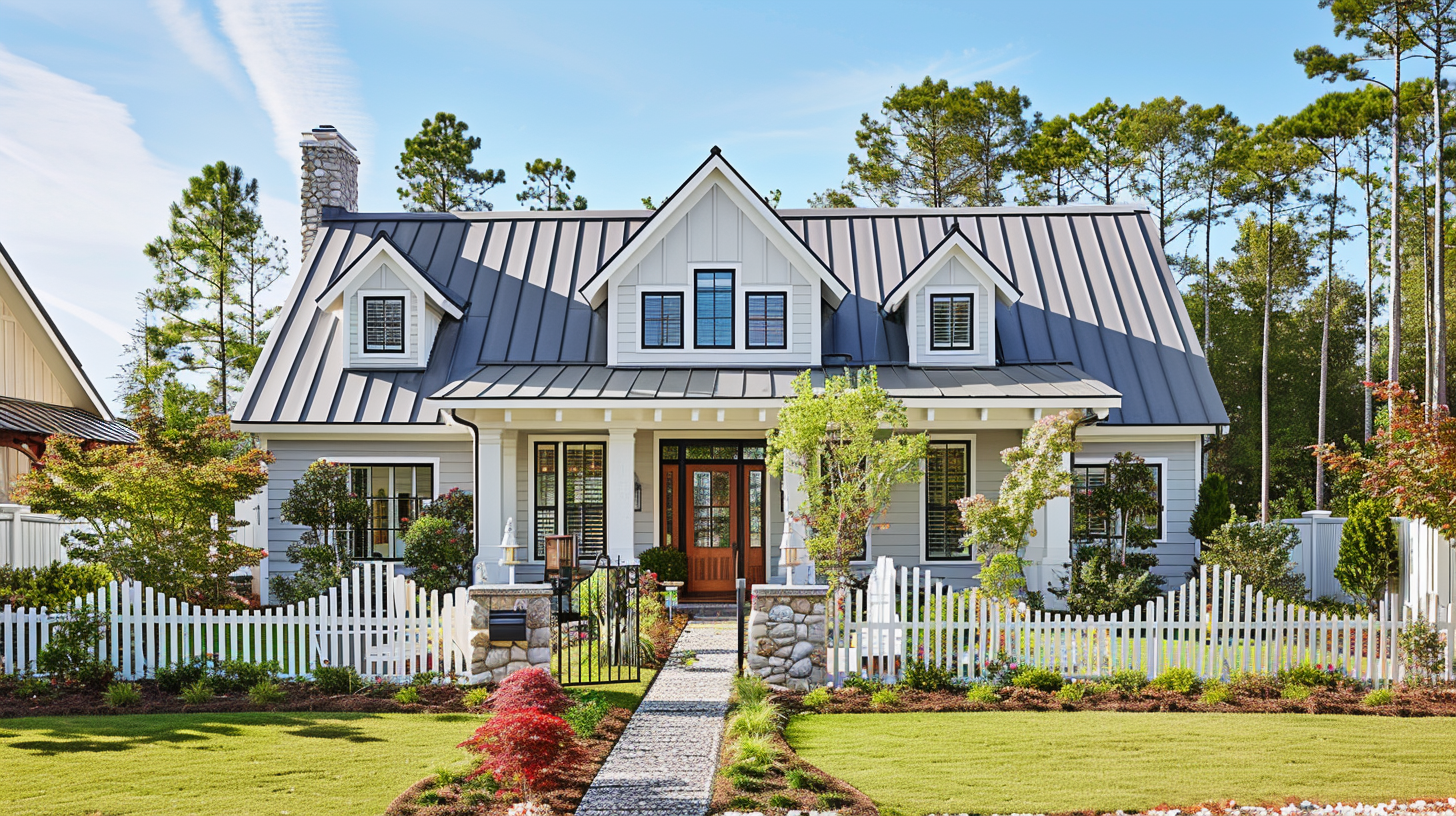 A residential house with metal roofing.