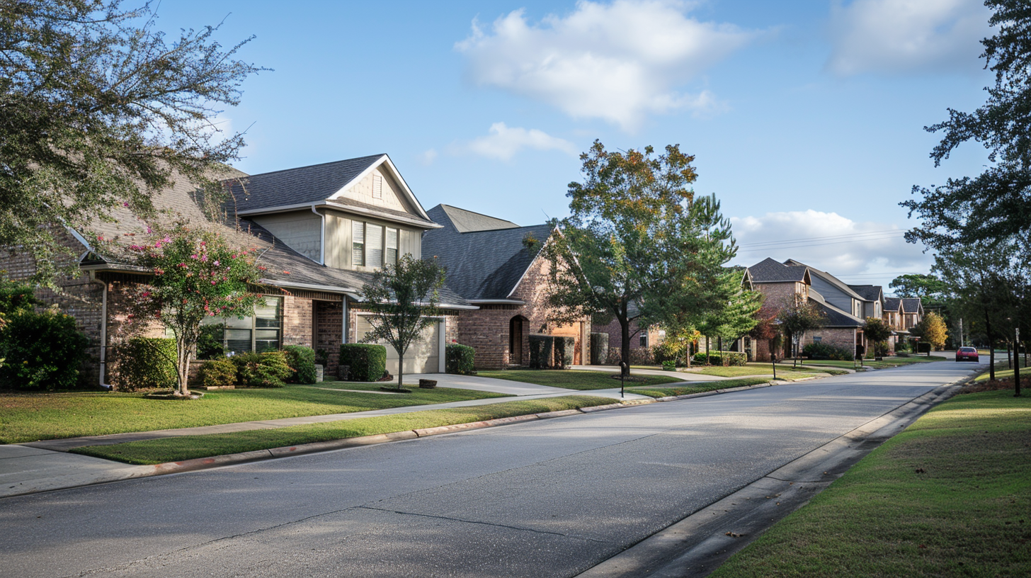 suburbian single family houses, texas region, residential neighborhood, view from the street.