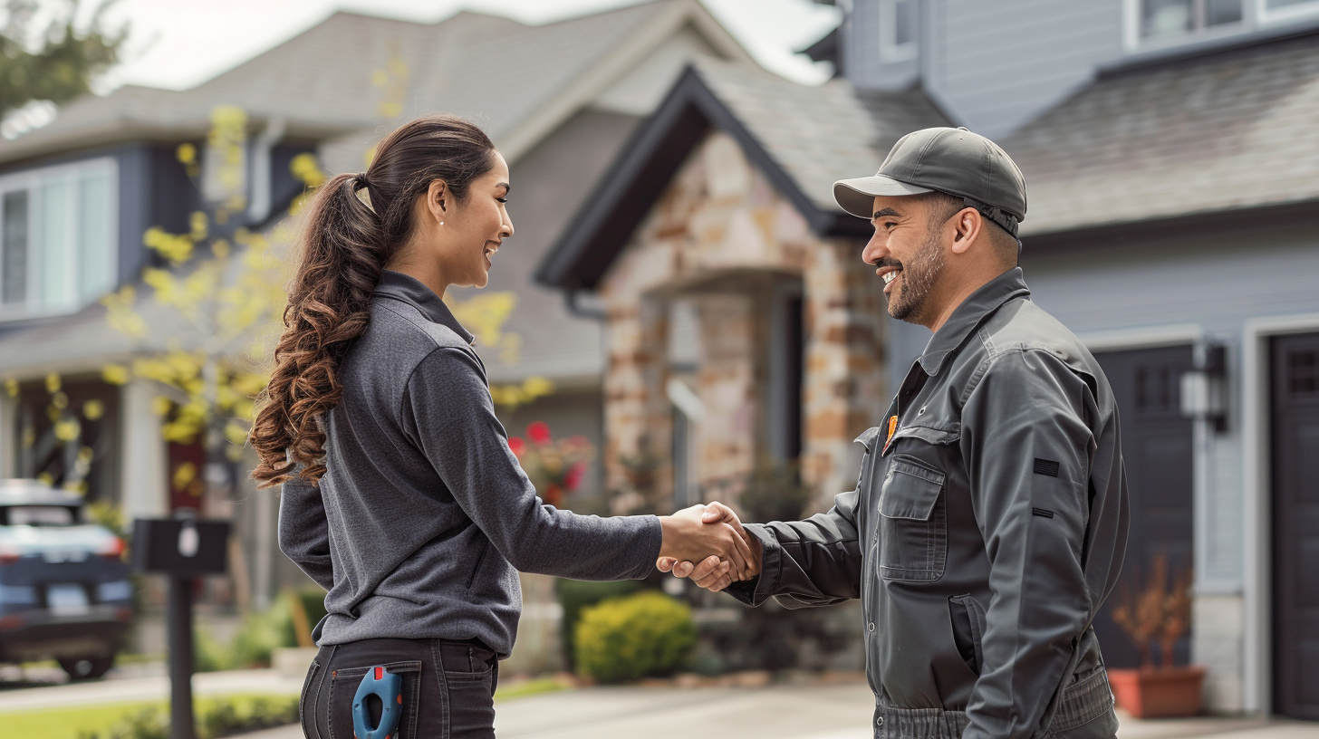 A male roofing contractor is talking to a female homeowner about the costs of installing a new roof. Only the male roofing contractor is wearing PPE. They smile and shake hands after agreeing to the contract. Their background is a suburbian single family houses, texas region, residential neighborhood, view from the street.