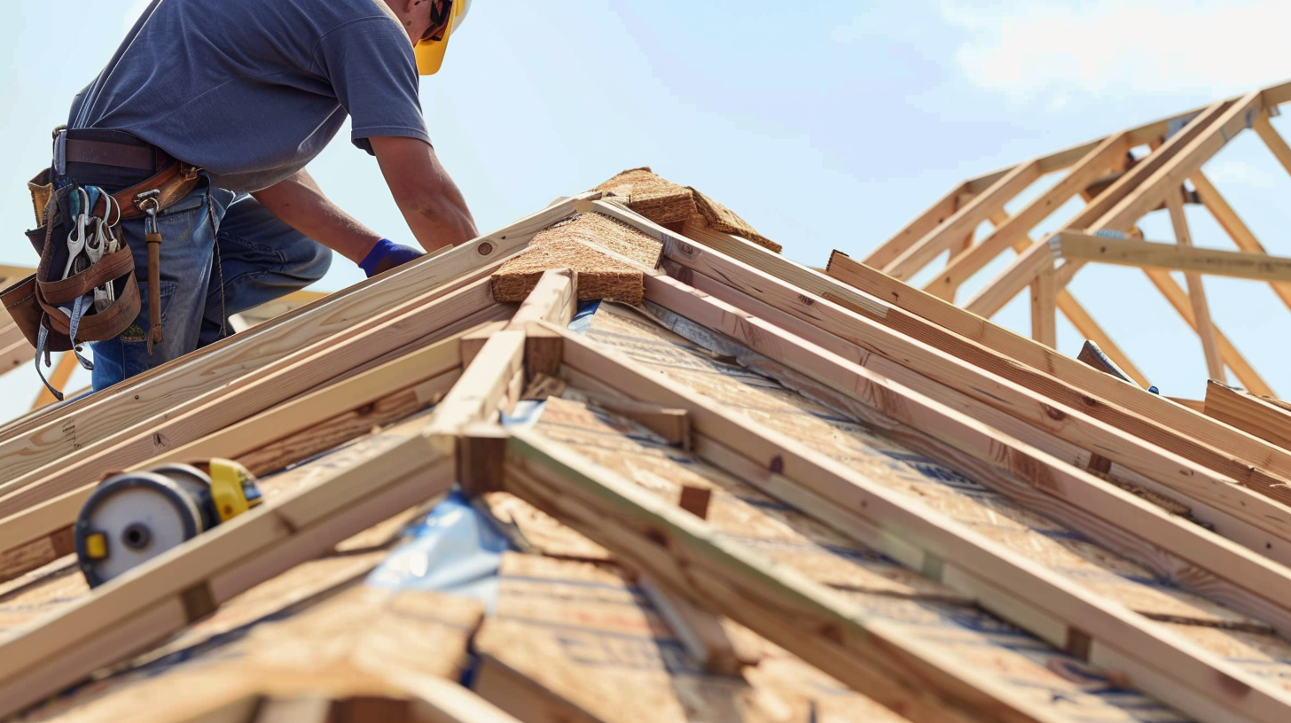 A worker is installing a roof wood truss on a suburban house. Do not close up on roofer. Closeup on what they are doing.