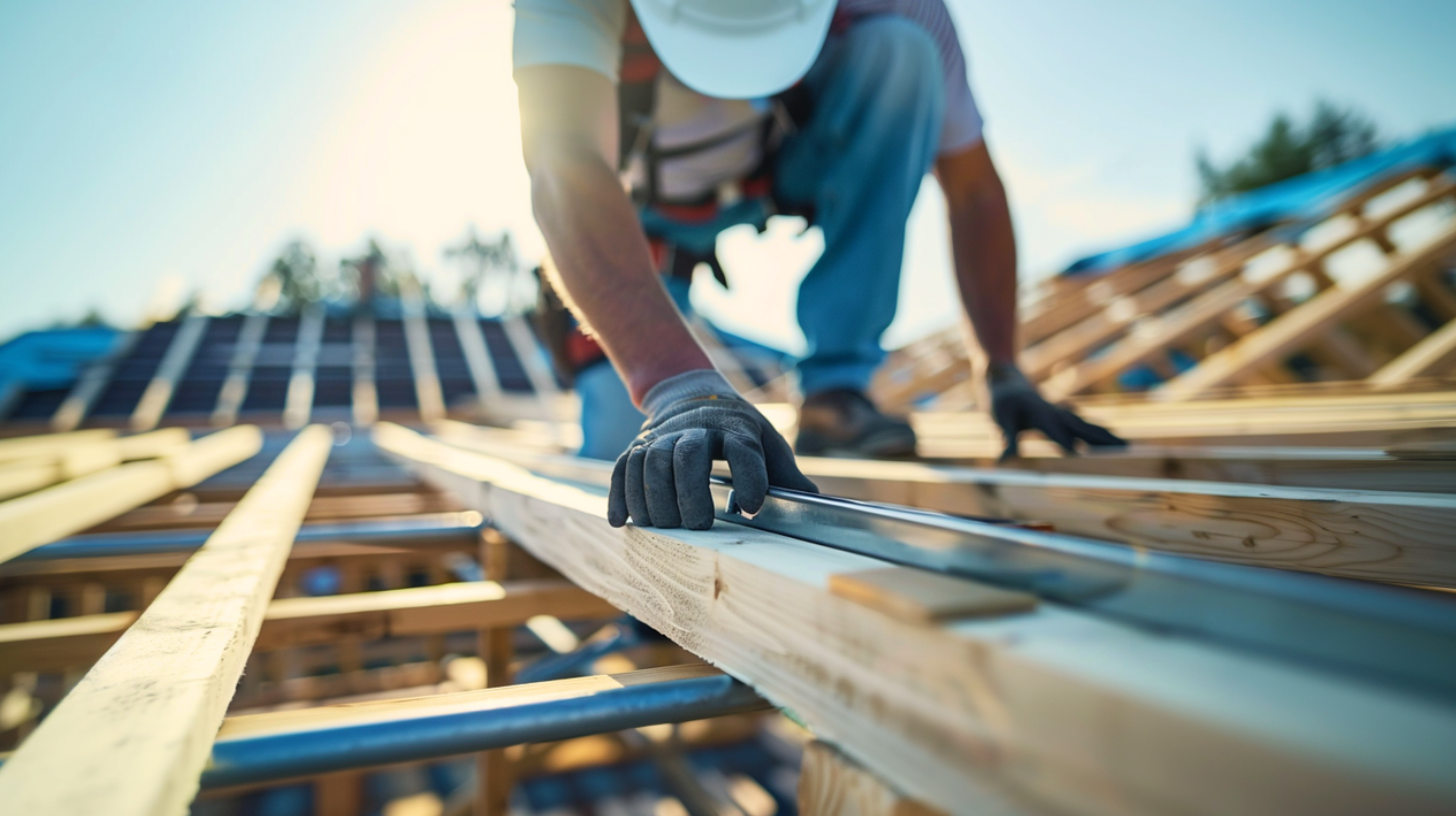 A worker is installing a roof truss on a suburban house.