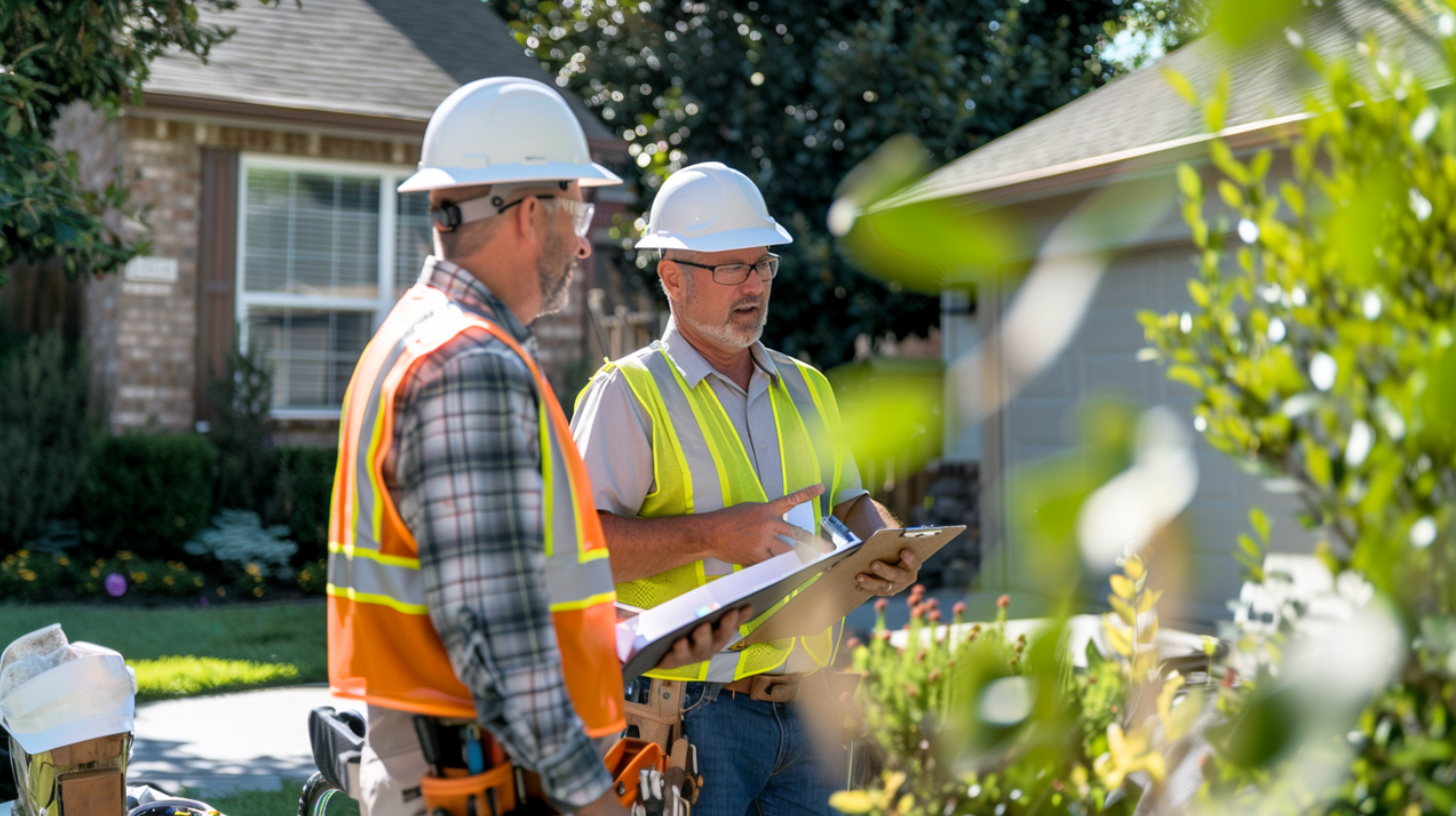 Two roof contractors thoroughly discussing the installation project plan of a residential roof.