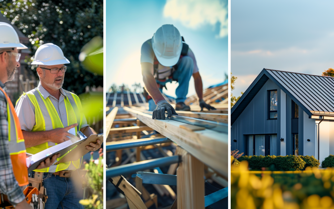 Two roof contractors thoroughly discussing the installation project plan of a residential roof, worker is installing a roof truss on a suburban house, and a residential house with metal roofing.