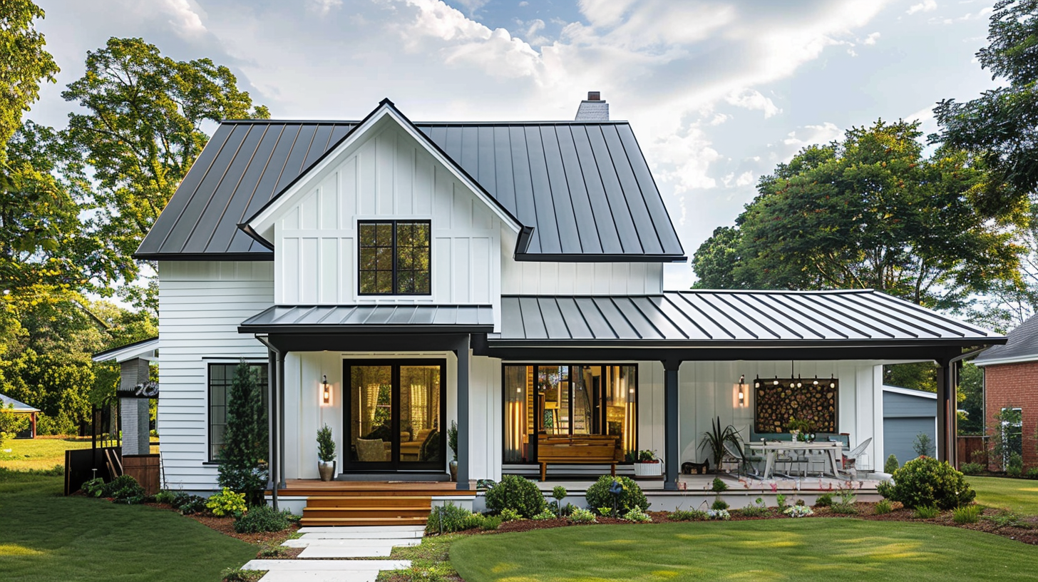 A residential house with metal roofing.