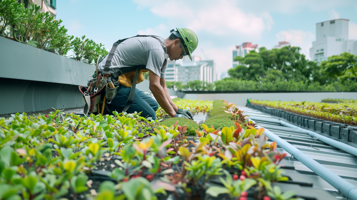 A professional roofer installing a green roofing system on a commercial building.