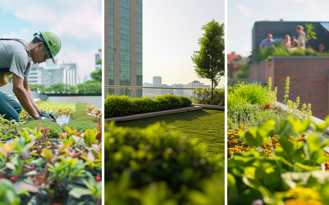 A green roof serve as gathering spots for social events, an intensive green roof, and a professional roofer installing a green roofing system on a commercial building.