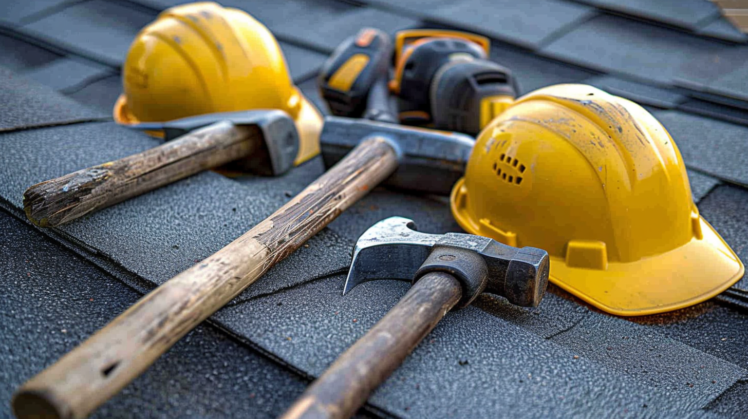 Hammers, a roofing shovel, hard hats, a circular saw, and roofing jacks at a roofing renovation site.