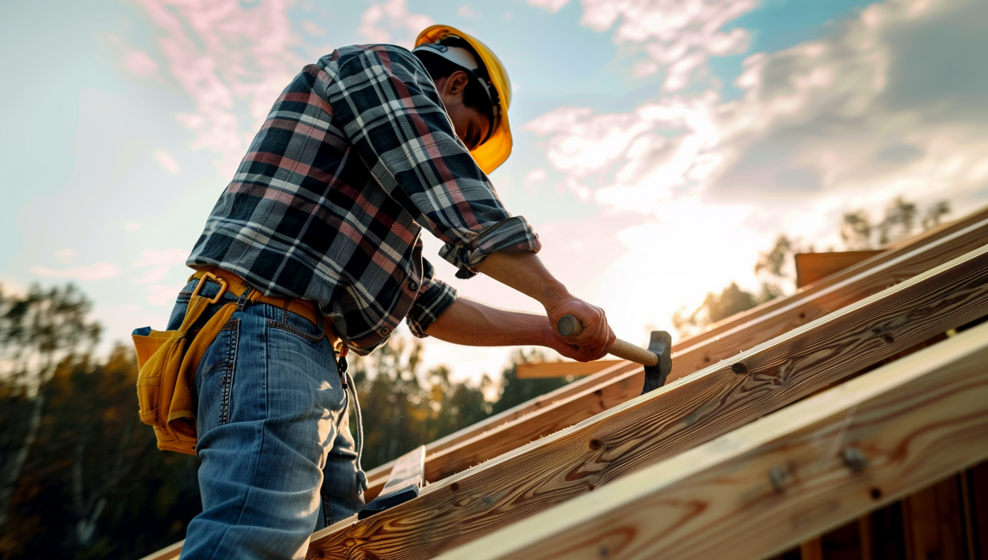 A roofer uses a roofing hammer and a nail in a roof wood truss.