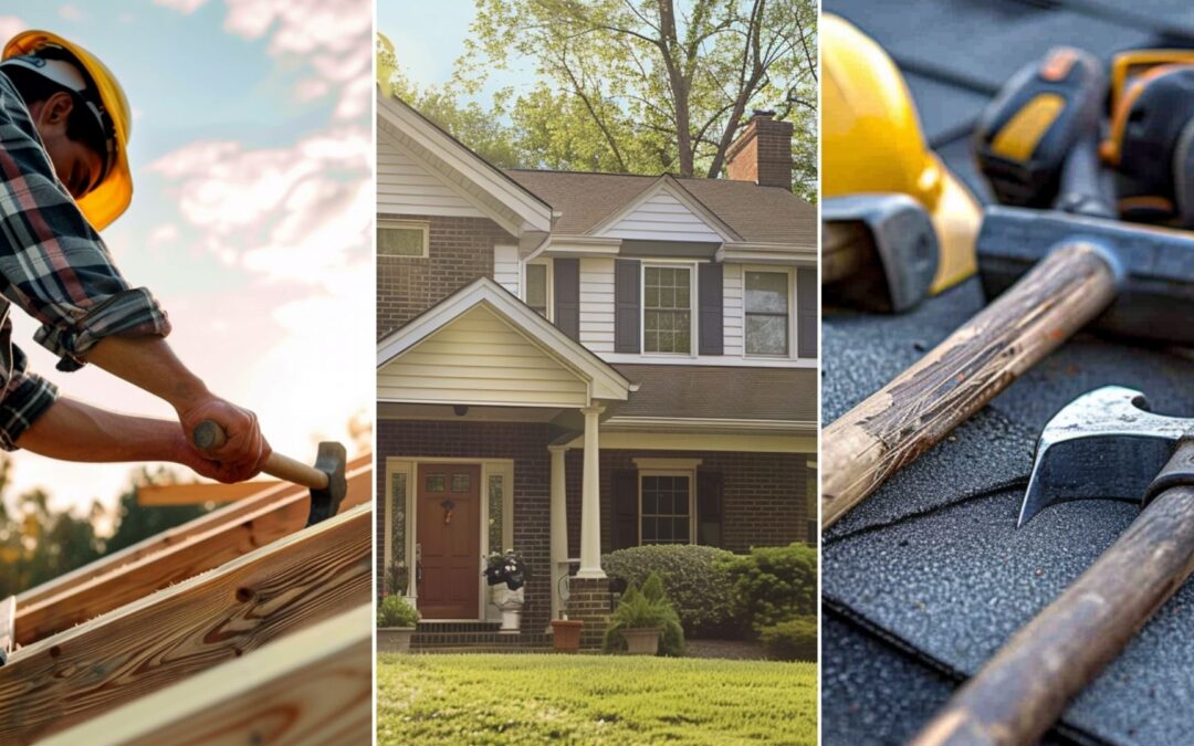 A roofer uses a roofing hammer and a nail in a roof wood truss. Hammers, a roofing shovel, hard hats, a circular saw, and roofing jacks at a roofing renovation site. Create an image of family outside their home enjoying their free time and plaing outside the house, the house is modern with built-up roofing.