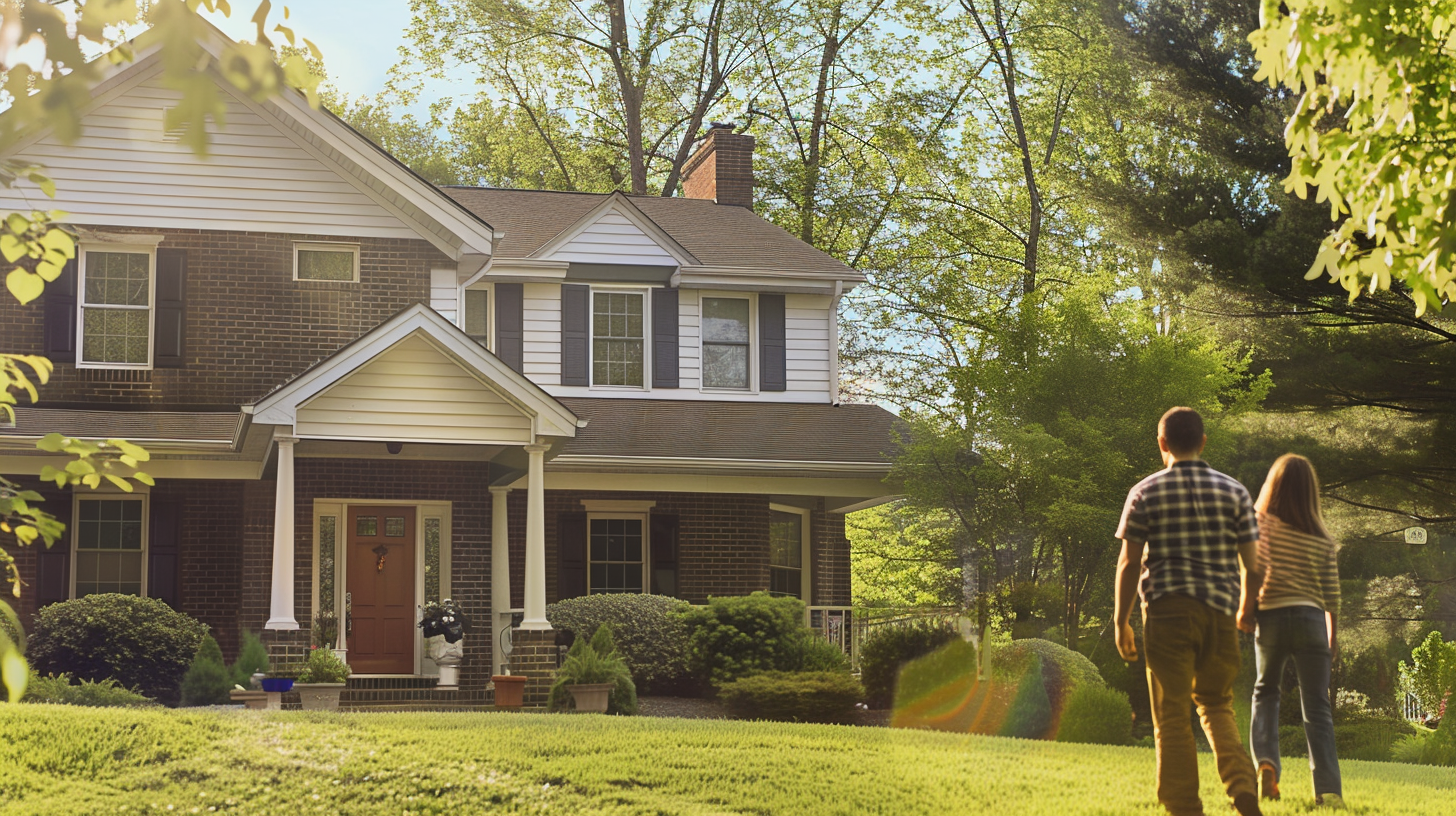 Create an image of family outside their home enjoying their free time and plaing outside the house, the house is modern with built-up roofing.