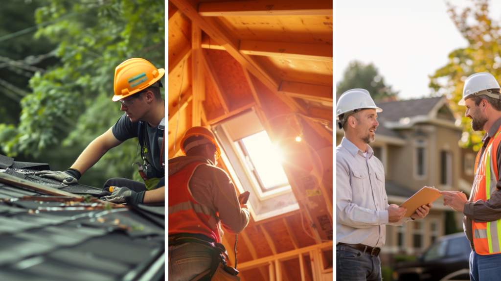 A roof contractor inspecting a residential roof that has been damaged by a recent storm, a professional roofing inspector checking the ventilation in a residential property, and two roof contractors conducting a thorough inspection of a residential roof installation project.