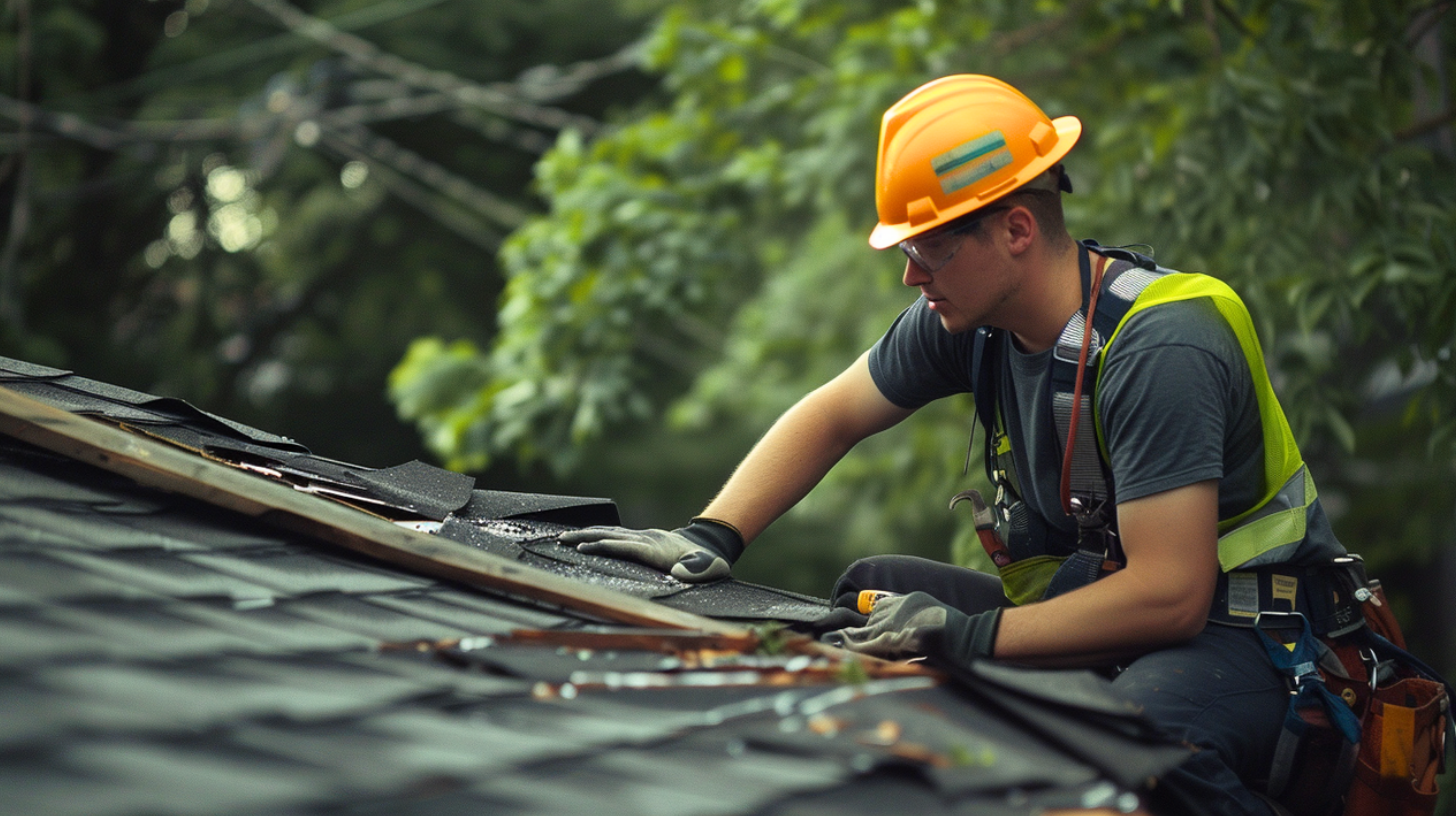 A roof contractor inspecting a residential roof that has been damaged by a recent storm.