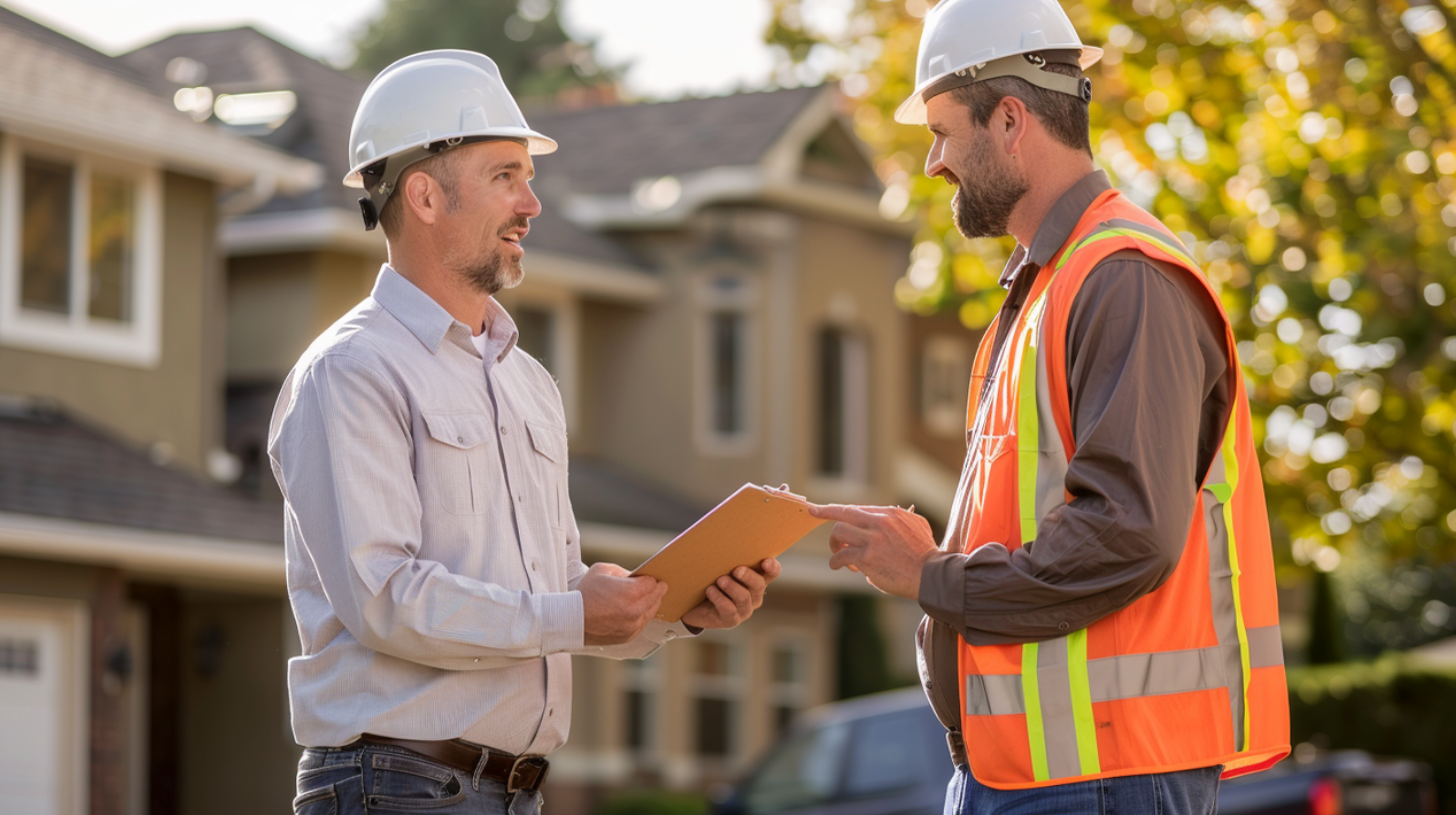 Two roof contractors conducting a thorough inspection of a residential roof installation project.