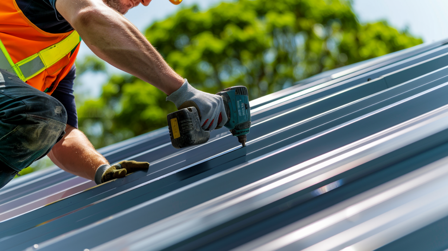 A roofer installing a metal roof.