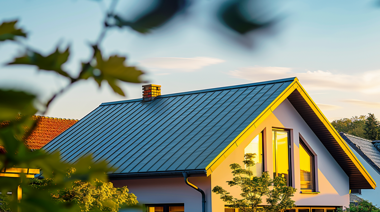 An image of a sleek residential home featuring seamlessly integrated standing seam metal roof.