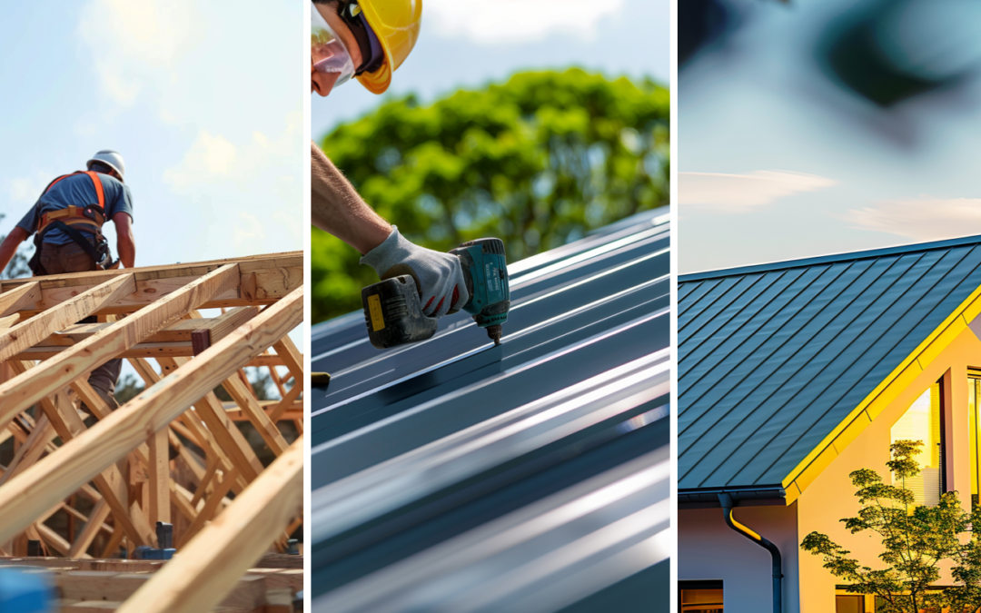 A professional roofer working on a residential roofing project, roofer installing a metal roof, and a sleek residential home featuring seamlessly integrated standing seam metal roof.