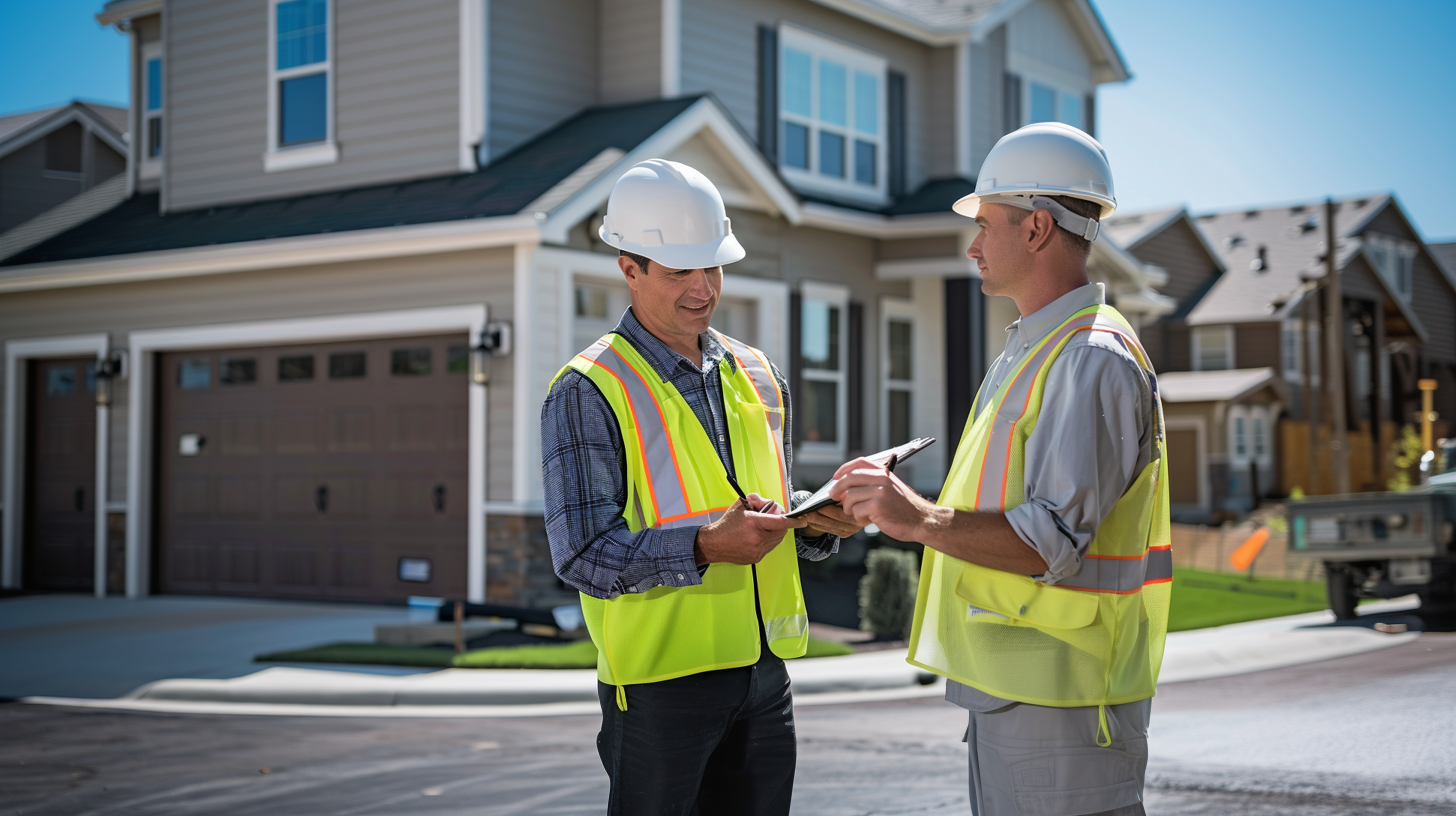 Two roofing contractors talking outside the residential house.