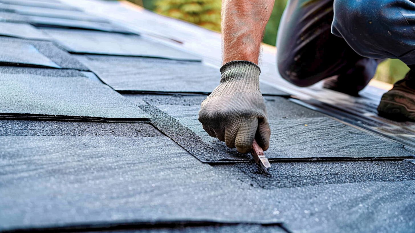 A photo of a rubber slate roofing installation using roofing felt knife.