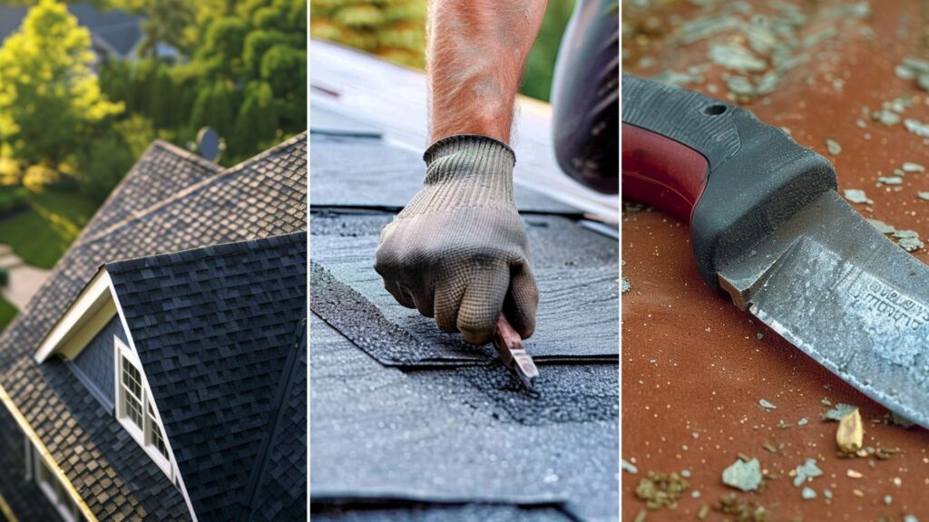 A photo of a rubber slate roofing installation using roofing felt knife. Imagine a semi-top view of a suburban house featuring asphalt roofing. The perspective is slightly elevated, capturing the roof's texture and color details up close. A photo of a steel hawk roofing knife.