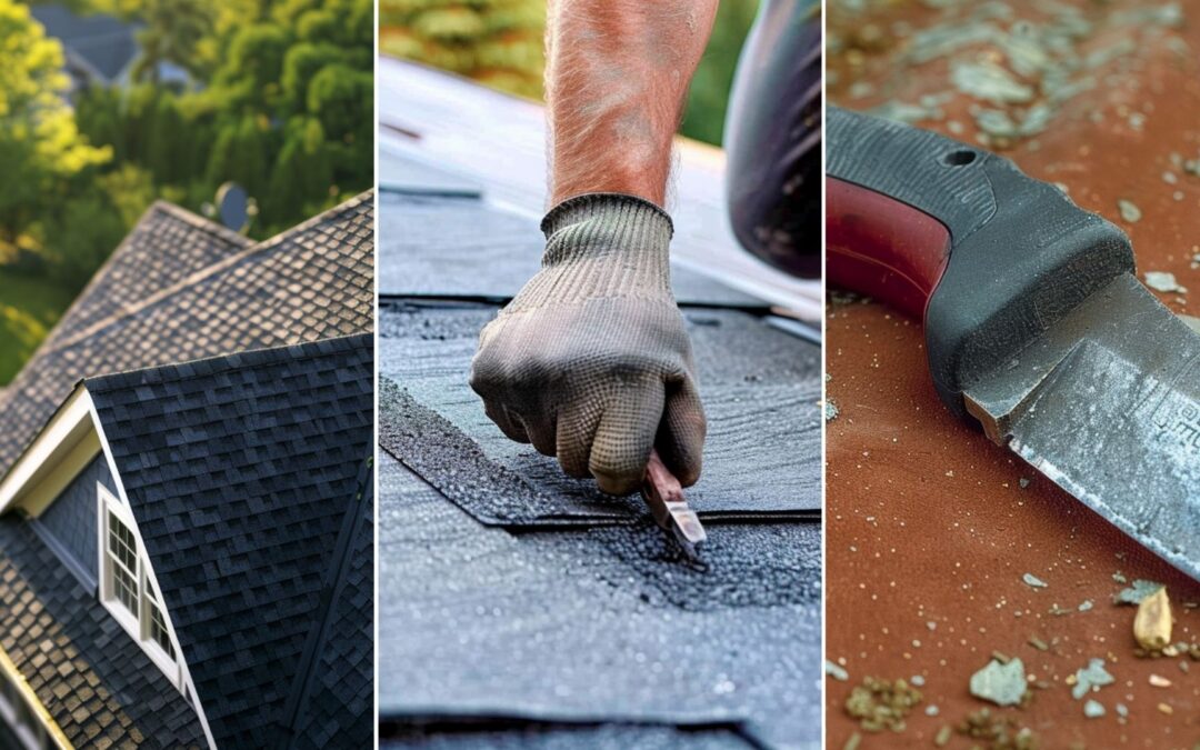 A photo of a rubber slate roofing installation using roofing felt knife. Imagine a semi-top view of a suburban house featuring asphalt roofing. The perspective is slightly elevated, capturing the roof's texture and color details up close. A photo of a steel hawk roofing knife.