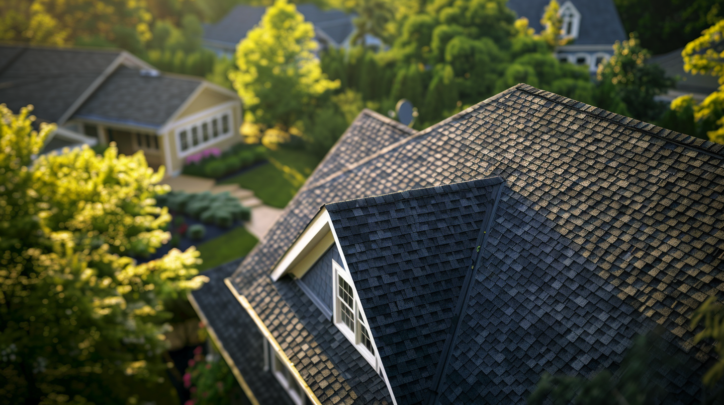 Imagine a semi-top view of a suburban house featuring asphalt roofing. The perspective is slightly elevated, capturing the roof's texture and color details up close.